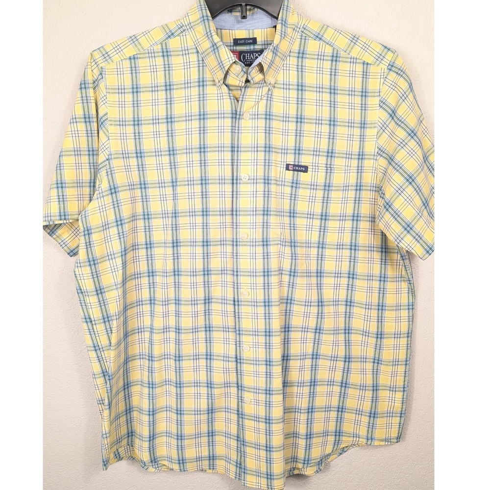 Mens Chaps Yellow Plaid Easy Care Short Sleeve Button Down Shirt Size Large Y2K - Picture 2 of 8